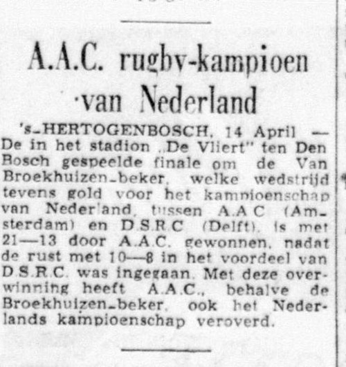Newspaper clipping from De Telegraaf, 15 April 1952, headline 'A.A.C. rugby-kampioen van Nederland', reporting AAC's 21–13 win over DSR-C in the Van Broekhuizen-beker final at De Vliert in 's-Hertogenbosch.