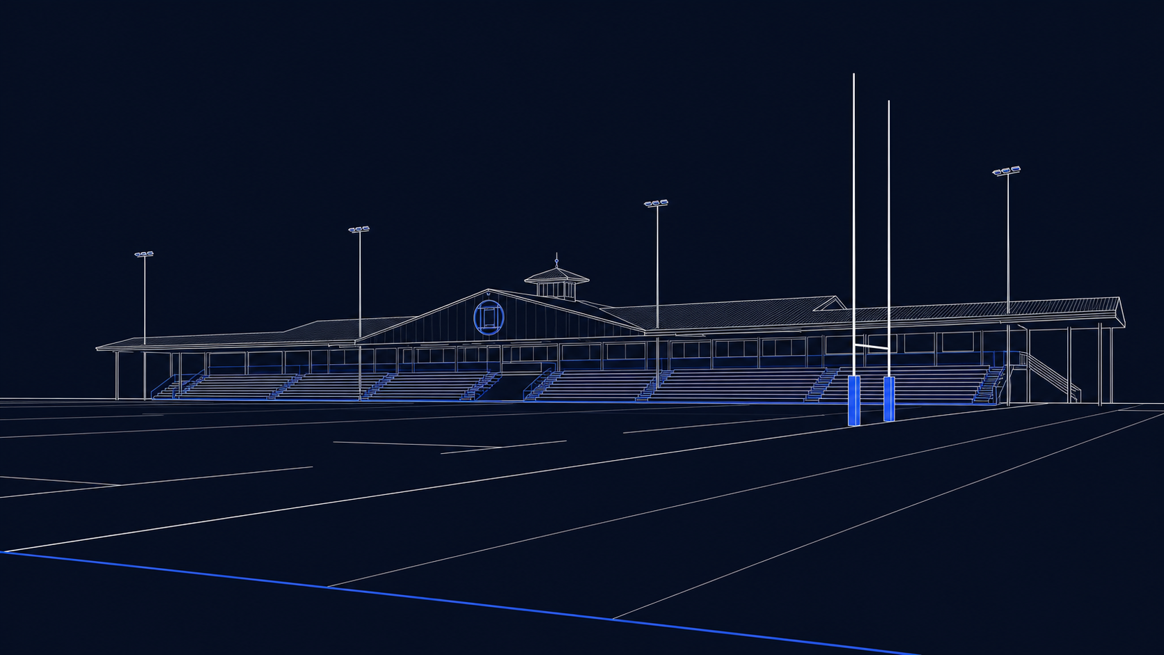 Architectural linework illustration of the NRCA Stadium and main pitch