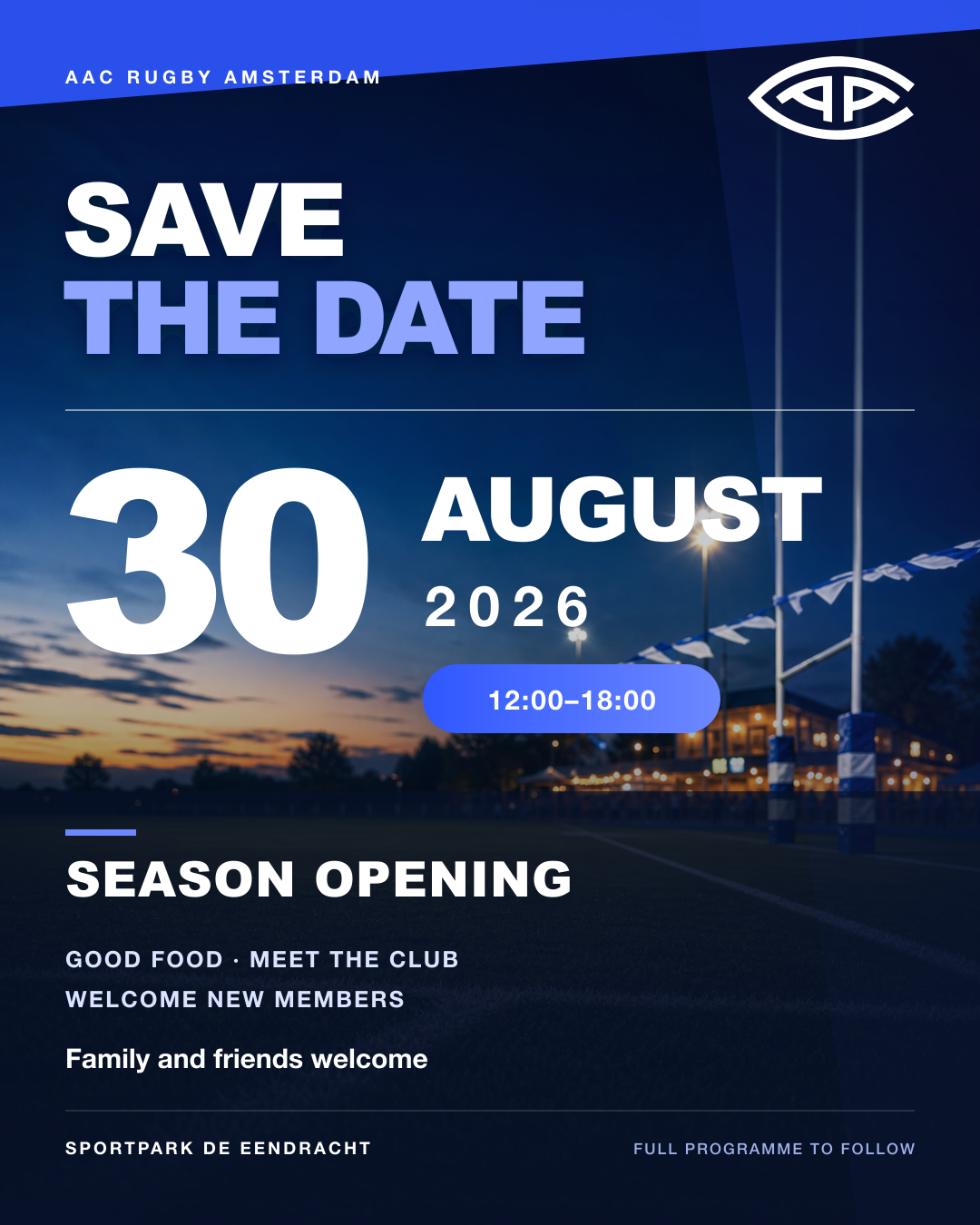 AAC Rugby Amsterdam season-opening flyer for 30 August 2026, from 12:00 to 18:00 at Sportpark De Eendracht