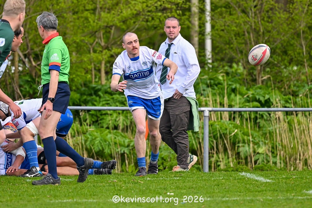 AAC 2nd XV scrum-half passing wide from the breakdown against Zaanse RC, April 2026