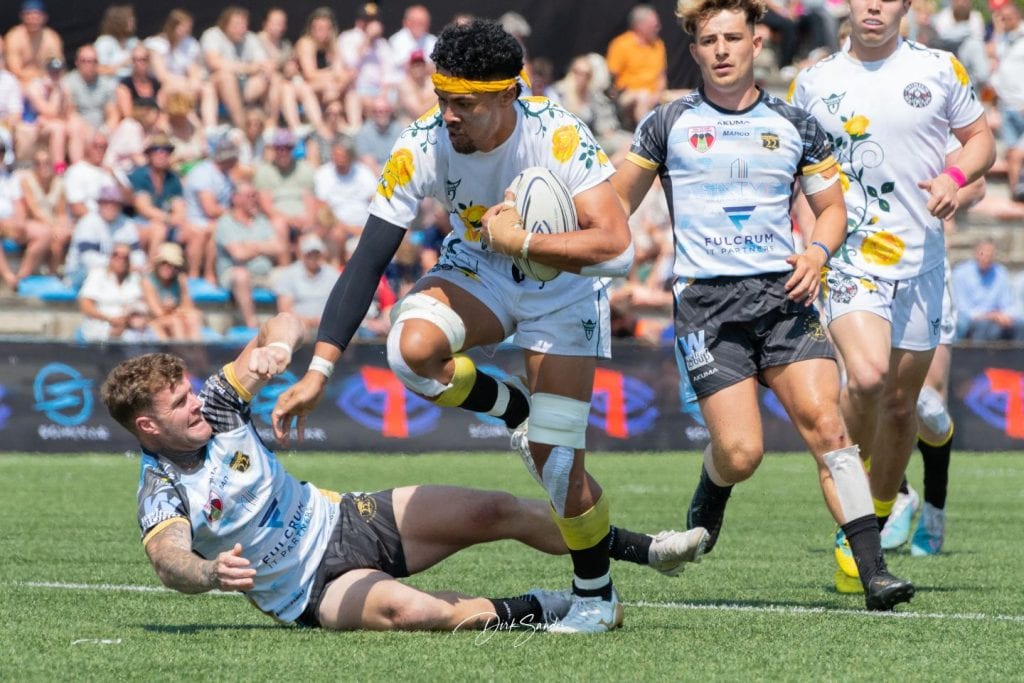 Main-pitch action at the 2025 Amsterdam Sevens, one of Europe's largest sevens festivals.